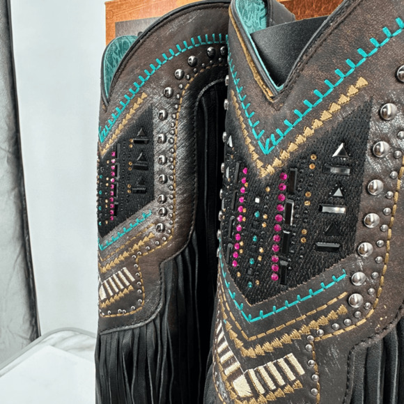 Corral Womens 7 Embroidery Crystals Lamb Fringe Tall Boots C4078 Cowgirl Western - Picture 14 of 16